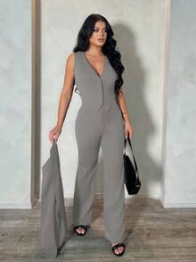 SHEIN SXY 三件套：灰色长袖西装外套、马甲和长裤，通勤和约会的性感套装，秋冬季女士灰色两件套，优雅裤装套装，舒适的秋冬季女装，商务休闲装。 - 灰色 - 查看 3