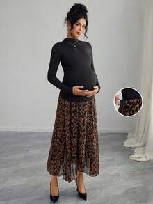 Momance Maternity Solid Stand Collar Long Sleeve T-Shirt And Leopard Print Midi Skirt Elegant 2-Piece Set, Autumn - Multicolor - View 6