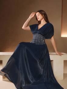 Anewsta Vestido Longo Mulheres Plus Size Decote em V Manga Curta com Contas, Corrente, Franzido na Cintura, Costas Abertas e Amarração, Elegante e Sofisticado, Adequado para Outono, Festas, Casamentos, Ano Novo