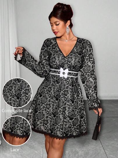 Elenzga Plus Size Women Gothic Prep With Wednesday Twist Dress. Embrace Dark Feminine Fashion. Black Lace Composite Bow Floral Trim Short Woven Long Sleeve Party Dress  Never Out Of Style, Gothic  Prep With A Wednesday Twist (Wednesday Aesthetic) The Addams Vibe (Not TheFamily) Fall Cloth For Women Halloween