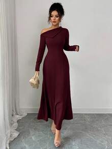 Elenzga فستان أنيق طويل للنساء بخصر مربوط على شكل حرف A، كتف مكشوف، لون أحادي، مناسب للاستخدام اليومي والحفلات والعطلات والسهرات، ملابس خريف/شتاء. فساتين خريف للنساء، ملابس شتوية للنساء، فستان عيد الميلاد، كاجوال للعمل، فساتين للنساء للعمل، فساتين لحفلات الزفاف، ملابس نسائية جوتية، كتف مكشوف، فستان كتف واحد