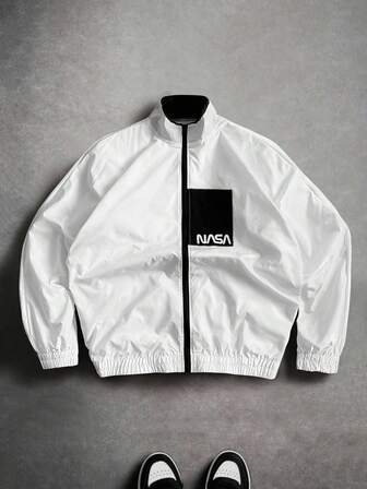 Manfinity Hypemode Men's Y2K White Letter Color-Block Patchwork Zip-Up Outdoor Windbreaker Jacket, Casual Streetwear Bomber For Spring, Fall, And Winter, Halloween & Back-To-School, Fashionable Versatile Outerwear, Perfect Gift For Boyfriend Or Husband