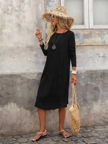 Brillora 雜色針織斜插口袋弧形下擺洋裝 - 黑色 - 查看 4