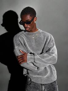 SUMWON Crop Fit Winter Knit Sweater Crew Neck Oversized Sleeve Drop Shoulder Ribbed Jumper Holiday Casual Autumn Loungewear Textured - Grey - View 5