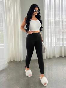 SHEIN SXY 女式纯色修身保暖休闲保暖内衬打底裤，侧开衩，黑色打底裤，保暖，冬季，秋季，感恩节 - 黑色 - 查看 3