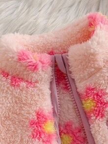 SHEIN Elladie kids Young Girl Casual Cute Stand Collar Zipper Faux Pocket Floral Pattern Furry Jacket, Autumn/Winter Fall Kids Winter Jacket Girls Autumn Winter Clothes Little Girl Jacket Elegant Fleece Jacket Coat For Girls Fleece Jacket For Girls - Pink - View 5