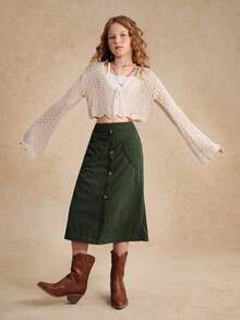 女童休闲灯芯绒心形口袋中长修身半身裙，春秋