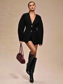 SHEIN BAE 女式纯色长袖单排扣时尚西装外套，秋季 - 黑色 - 查看 1