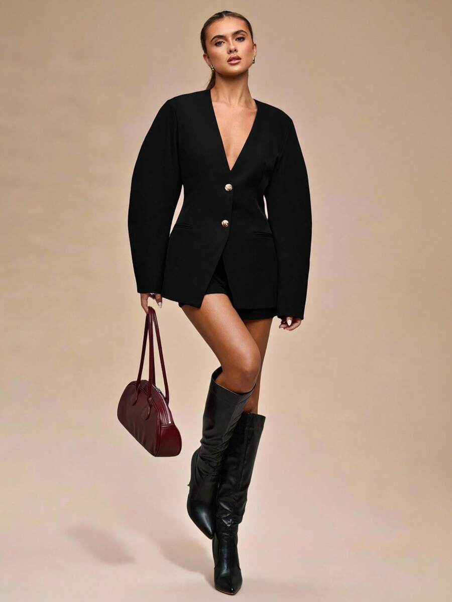 SHEIN BAE 女式纯色长袖单排扣时尚西装外套，秋季 - 黑色 - 查看 1