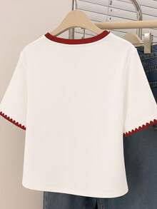 Franclia Women's Floral Trim Fitted Regular Crew Neck Short Sleeve Casual T-Shirt