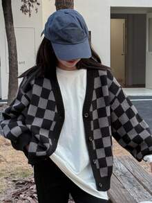 DAZY 秋冬款少女休闲棋盘格开衫 - 彩色 - 查看 1