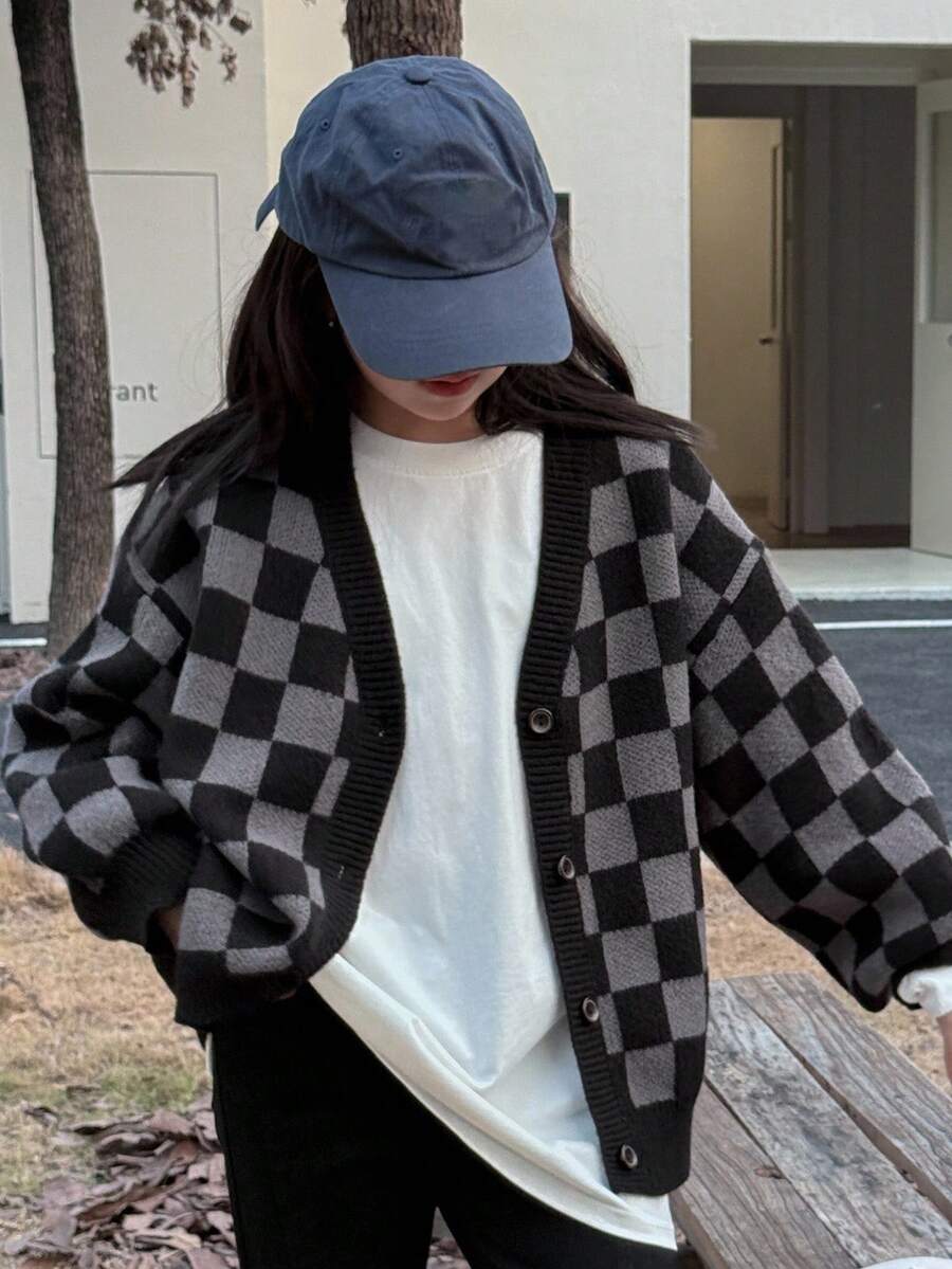 DAZY 秋冬款少女休闲棋盘格开衫 - 彩色 - 查看 1