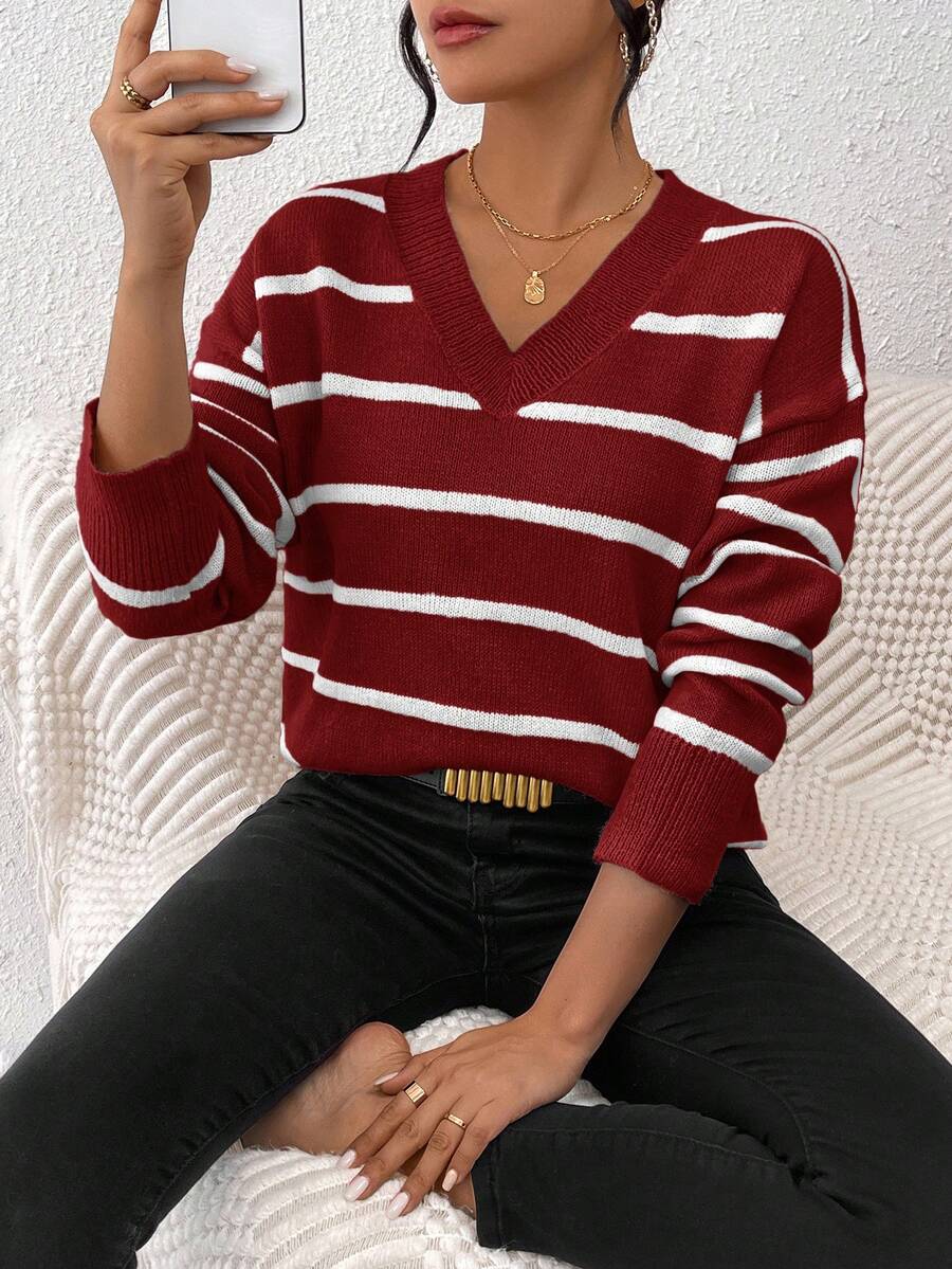 SHEIN Frenchy Áo len cổ chữ V họa tiết sọc trễ vai thời trang thu đông cho nữ - Nhiều màu - Xem 1