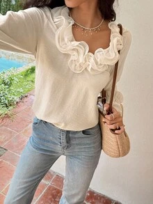 SHEIN Frenchy Women's Solid Color Ruffle Trim Long Sleeve Fashion Blouse, Winter Casual - Apricot - View 4