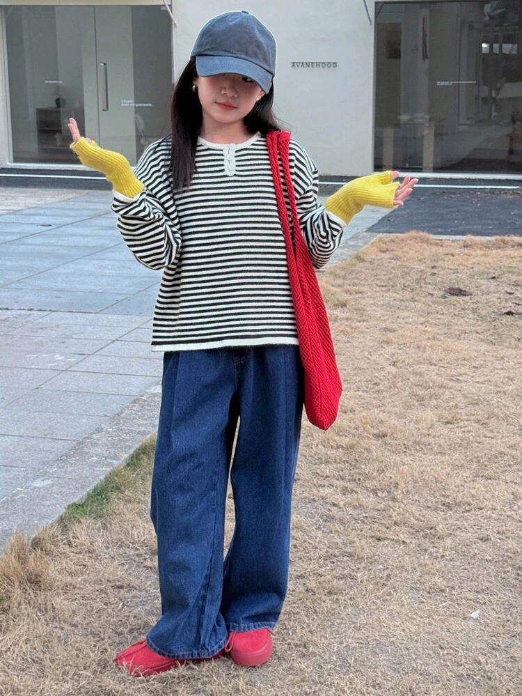 Girls Striped Crew Neck Pullover Sweater, Fall