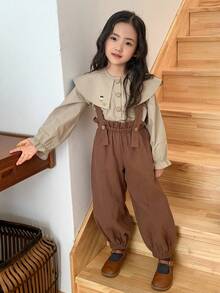 DAZY 2pcs Young Girl Girls Woven Collared Embroidered Long Sleeve Shirt + Bib Pants Set, Fall - Brown - View 4