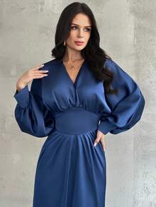 Firerie 女士优雅精致浪漫约会日常返校时尚派对/舞会礼服 V 领垂坠收腰蝙蝠袖 3/4 袖海军蓝长裙 - 藏蓝色 - 查看 7