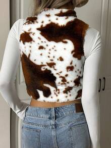 SHEIN EZwear 女式杏色豹纹羊毛无袖拉链夹克，秋季 - 杏色 - 查看 2