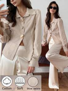 Elyressa Blusa de mujer de manga larga a rayas con decoración de botones metálicos franceses elegantes y de moda