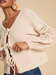 Travachic Cárdigan de mujer de unicolor con hombros caídos y manga larga, con nudo de cordón, para otoño, blusa con cordones, cárdigan de punto, cárdigan de otoño e invierno, para fiesta de Navidad, Año Nuevo, invitada de boda, graduación elegante, baile de gala de lujo, cárdigan casual - Albaricoque - Ver 3