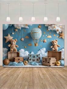 1 件旅行主题生日派对背景横幅，5*3 英尺/5*7 英尺，天蓝色带白云热气球盒设计，涤纶材质，适用于泳池派对、生日派对装饰、肖像摄影背景，无羽毛，自制厨房派对用品 - 彩色 - 查看 1