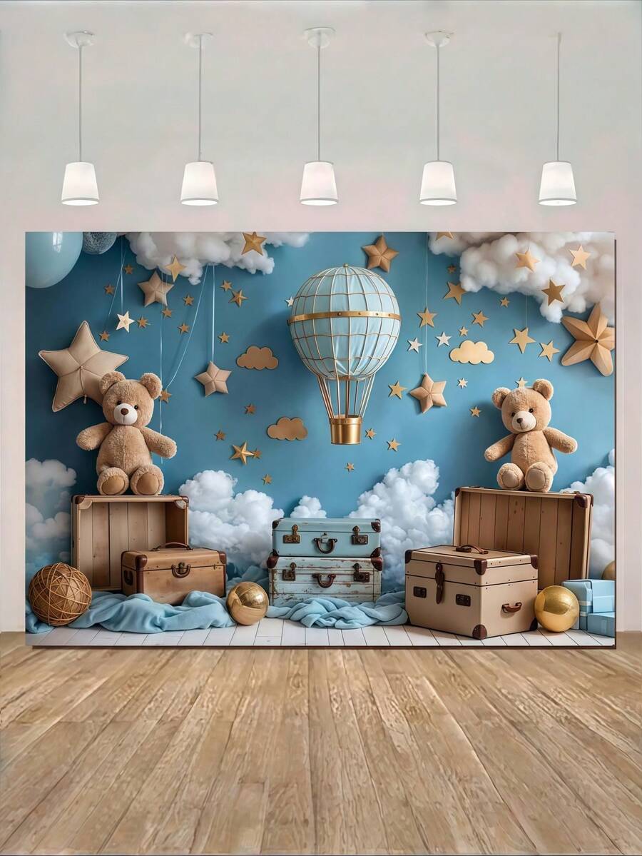 1 件旅行主题生日派对背景横幅，5*3 英尺/5*7 英尺，天蓝色带白云热气球盒设计，涤纶材质，适用于泳池派对、生日派对装饰、肖像摄影背景，无羽毛，自制厨房派对用品 - 彩色 - 查看 1