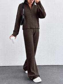 EURMUSE Drop Shoulder Zip Up Cardigan & Knit Pants - Brown - View 4