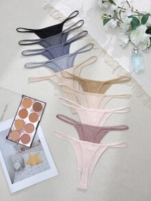 Lullawish 10pcs/Pack Women's Solid Color Ribbed Thong Panties - Multicolor - View 2