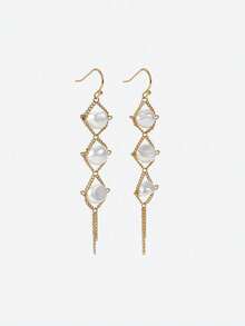 Opalesca 1 par de pendientes elegantes con cadena dorada y perla falsa, adecuados para uso diario - Amarillo Oro - Ver 2