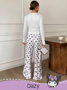 DAZY HELLO KITTY AND FRIENDS | SHEIN 女士卡通图案修身长袖上衣和印花直筒裤睡衣套装，秋冬服装 - 白色 - 查看 2