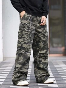 Manfinity LEGND 男士休闲迷彩印花阔腿工装牛仔裤 - 軍綠色 - 查看 3