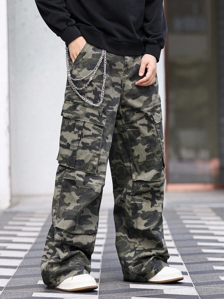 Manfinity LEGND 男士休闲迷彩印花阔腿工装牛仔裤 - 軍綠色 - 查看 3