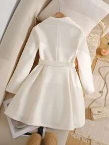 SHEIN Tween Girl Casual Elegant Beige Faux Fur Collar Belted Bowknot Ruffle Hem Patchwork A-Line Mid-Length Overcoat, Warm Lined, Long Sleeve, Autumn/Winter Teens Jacket Girls Fleece Jacket Girls Coats Tween Dress Coat Elegant Fleece Jacket Coat For Girls - White - View 3