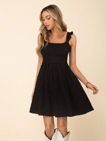 Coeurva Solid Color Ruffle Trim Summer Sleeveless Dress