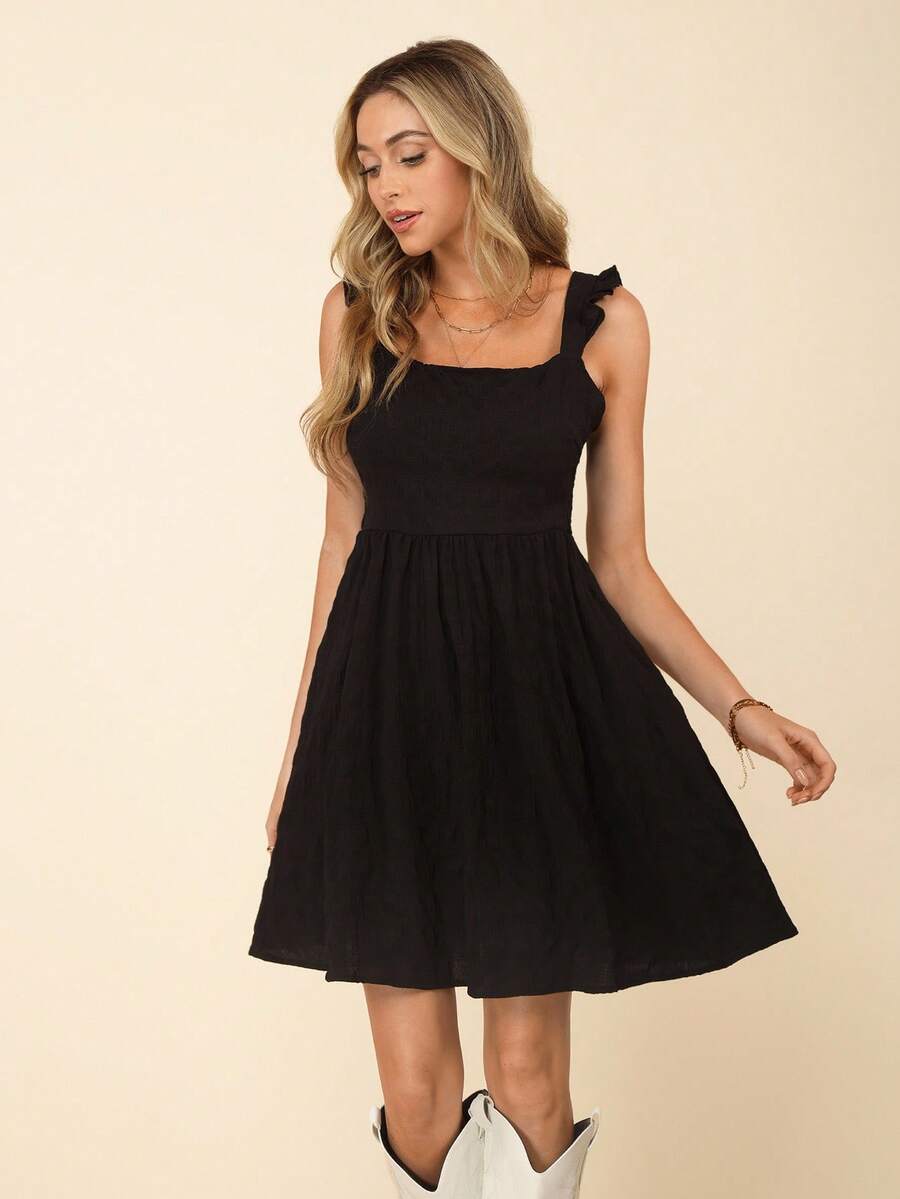 Coeurva Váy không tay viền bèo nhún màu trơn mùa hè - màu đen - Xem 1