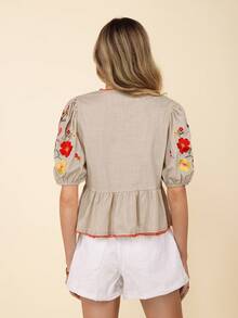 Coeurva 休闲女士假日花卉刺绣衬衫，夏季女装度假可爱上衣，夏季衬衫，外出上衣，波西米亚风外出上衣，女士可爱夏季上衣，夏季上衣，波西米亚风女士欧洲夏季外出上衣，刺绣，100%纯棉夏季上衣，外出上衣，女士度假套装 - 彩色 - 查看 3