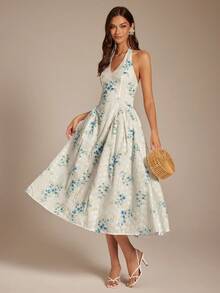 Enchnt Women's Off-White Summer Elegant Tropical Floral Print Embroidery V-Neck Halter Backless Maxi Dress For Tea Party,Vacation,Holiday Wedding Guest - Blue - View 1