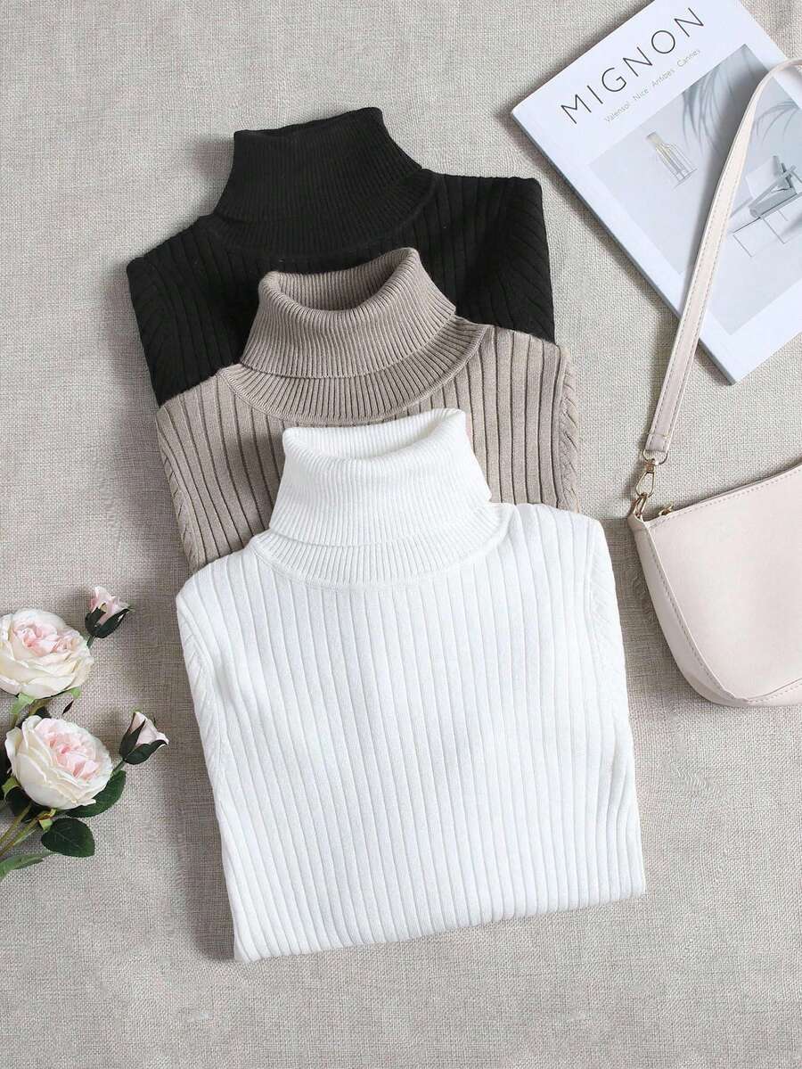 SHEIN PETITE 3pcs Turtle Neck Ribbed Knit Sweater,Long Sleeve Tops In Fall/Winter - Multicolor - View 1