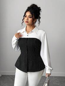 Elenzga Áo sơ mi kẻ sọc cài cúc một hàng khuy, kiểu dáng thanh lịch, cỡ lớn, phù hợp cho công sở/đi làm. - màu đen - Xem 3