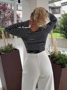 Jeta Ari Tricou negru cu dungi, casual, cu guler rotund, pentru femei, mânecă lungă, topuri pentru femei