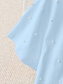 Franclia Summer Fashionable Round Neck Bubble Pearls White T-Shirt Short Sleeve Stylish Summer Tops - Blue - View 3