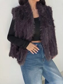 Firerie 女款優雅人造毛領大衣，酒紅色冬季大衣，日常秋季穿搭，紋理條紋毛絨紫色大衣，日常秋季外出穿著 - 咖啡棕 - 查看 9