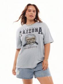 Solavibe Plus Size Casual Minimalist American Landscape Slogan Graphic Round Neck Short Sleeve Loose T-Shirt, Suitable For Holiday, Spring/Summer Suitable For Going Out - Grey - View 1