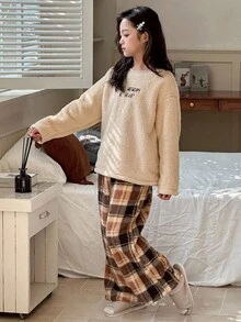 DAZY 2pcs Tween Girl Tween Girls Crew Neck Fleece Letter Embroidered Sweatshirt + Pants Loungewear Set, Autumn - Khaki - View 5