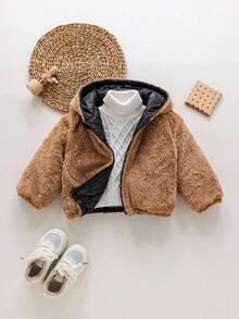 SHEIN 女婴可爱百搭保暖连帽夹克，秋冬 - 黑色 - 查看 11