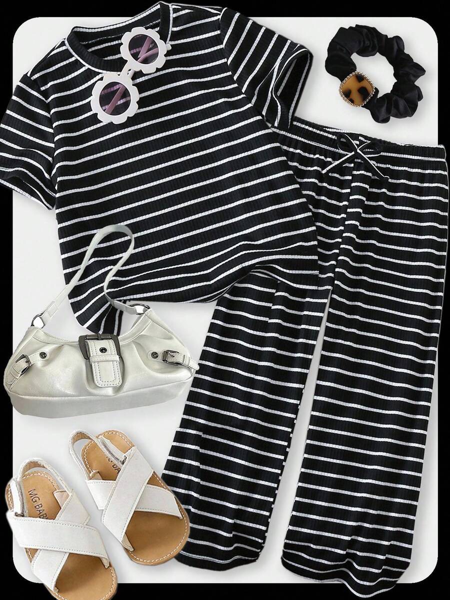 SHEIN Bộ đồ gồm áo thun kẻ sọc và quần ống loe thời trang cho bé gái, thích hợp cho mùa hè và các hoạt động ngoài trời. - Đen và trắng - Xem 1