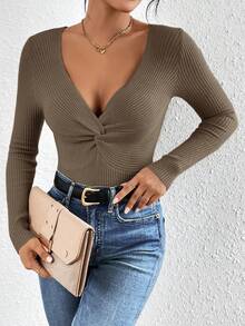 SHEIN Frenchy 女式纯色扭结 V 领长袖修身套头衫，秋冬 - 咖啡棕 - 查看 4