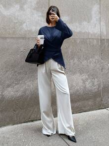 Siren Gaze Damen Einfarbige Bluse mit rundem Ausschnitt, Kreuzdetail und asymmetrischem Saum, Langarm - Blau - Übersicht 9