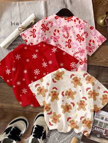SHEIN Leap Crew 3pcs/Set Tween Girl Christmas Cute Bow Candy Cane,Gingerbread Man,Snowflake & Golden Reindeer Print Short Sleeve T-Shirt Multicolor Summer Concert - Multicolor - View 2
