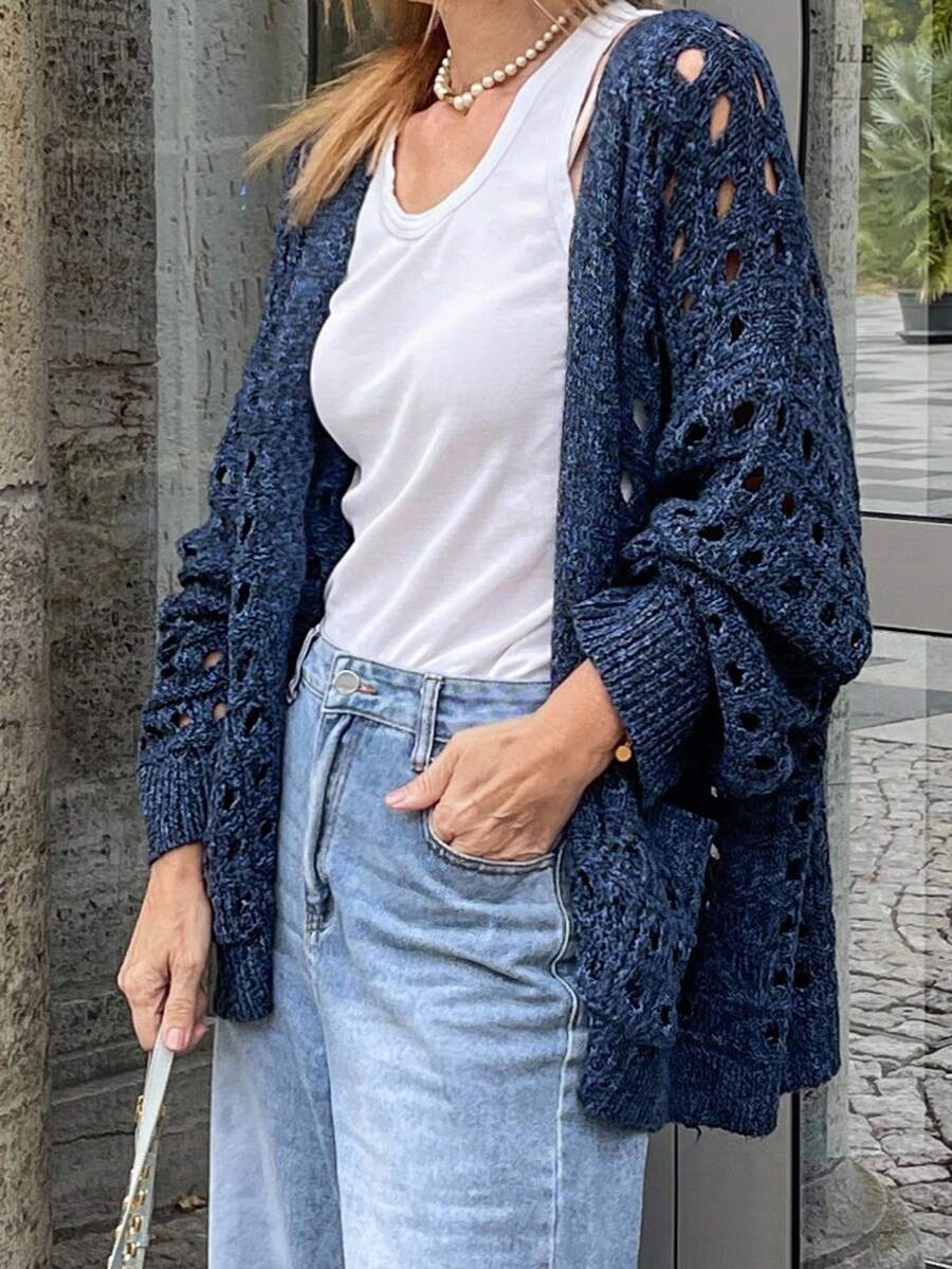 DAZY 女士休闲镂空针织中长开衫 - 卡其色 - 查看 1